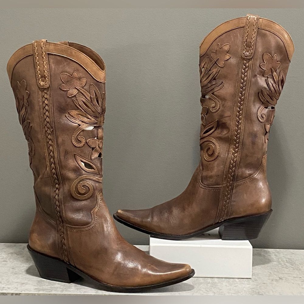 Matisse Brown Leather Floral Cut Out Embroidered Western Cowboy Boots Size 10
